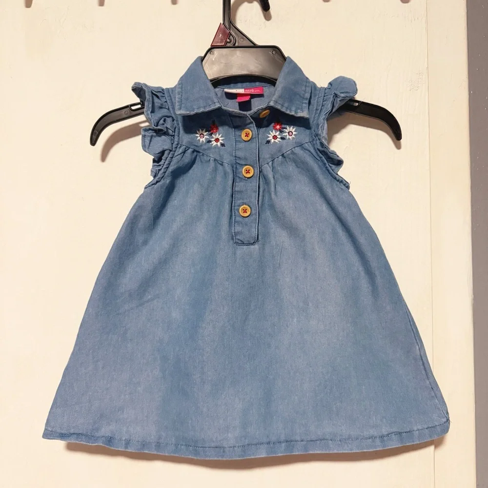 Baby Girl Light Blue Denim Dress with Floral Embroidery